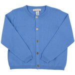 Barbados Blue knit Cambridge Cardigan for baby girls and girls from The Beaufort Bonnet Company, featuring long sleeves and four gold buttons down the front, displayed flat against a white background. This charming style is a classic design from The Beaufort Bonnet Company.