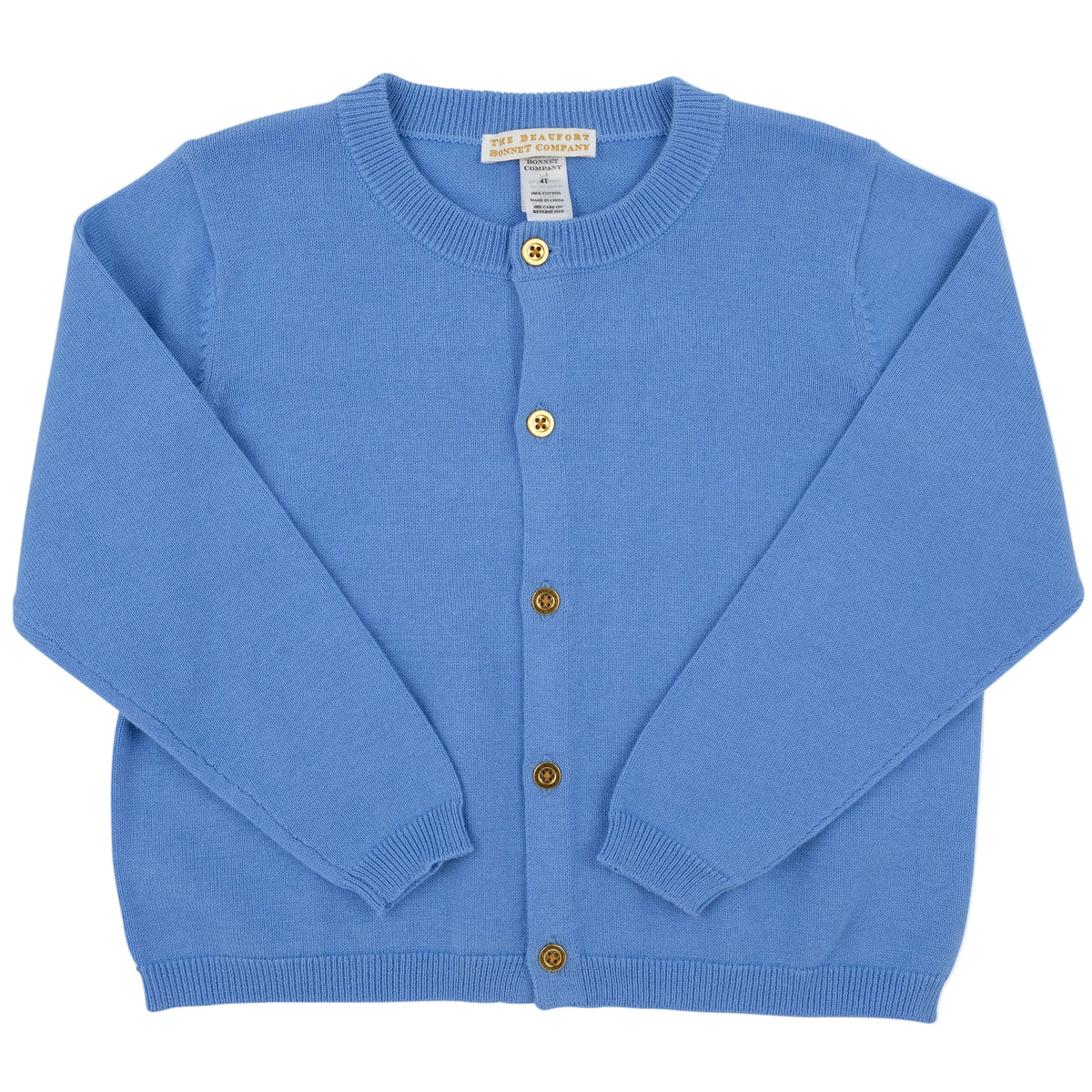 Barbados Blue knit Cambridge Cardigan for baby girls and girls from The Beaufort Bonnet Company, featuring long sleeves and four gold buttons down the front, displayed flat against a white background. This charming style is a classic design from The Beaufort Bonnet Company.