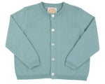 The Baby Girls’ and Girls’ Cambridge Cardigan by The Beaufort Bonnet Company is shown in light blue, featuring pearlized white buttons. Displayed flat against a white background, the cardigan has long sleeves and a round neckline.