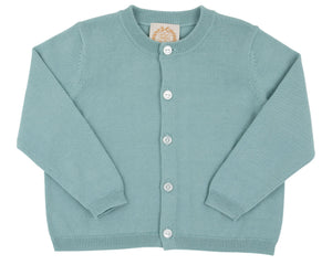 The Baby Girls’ and Girls’ Cambridge Cardigan by The Beaufort Bonnet Company is shown in light blue, featuring pearlized white buttons. Displayed flat against a white background, the cardigan has long sleeves and a round neckline.