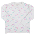 Girls’ Cassidy Comfy Crewneck Puff Sleeve by The Beaufort Bonnet Company—white long-sleeve sweatshirt featuring charming pink, purple, and blue outlined hearts evenly spaced across the fabric.