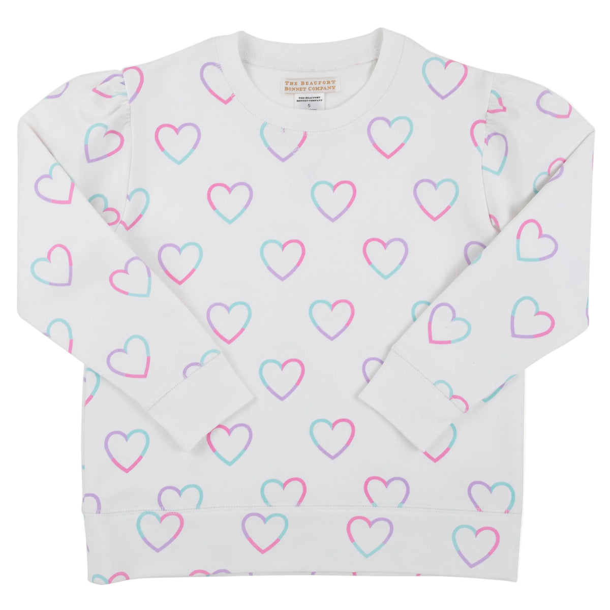 Girls’ Cassidy Comfy Crewneck Puff Sleeve by The Beaufort Bonnet Company—white long-sleeve sweatshirt featuring charming pink, purple, and blue outlined hearts evenly spaced across the fabric.