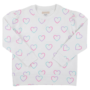 Girls’ Cassidy Comfy Crewneck Puff Sleeve by The Beaufort Bonnet Company—white long-sleeve sweatshirt featuring charming pink, purple, and blue outlined hearts evenly spaced across the fabric.