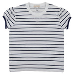 Girls’ Cassidy Comfy Crewneck Puff Sleeve by The Beaufort Bonnet Company, featuring short sleeves, a white base with navy horizontal stripes, and ribbed crew neck and cuffs. This classic style shirt is displayed laid flat on a plain white background.