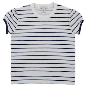 Girls’ Cassidy Comfy Crewneck Puff Sleeve by The Beaufort Bonnet Company, featuring short sleeves, a white base with navy horizontal stripes, and ribbed crew neck and cuffs. This classic style shirt is displayed laid flat on a plain white background.