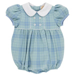 Baby Girls’ Cindy Lou Bubble by The Beaufort Bonnet Company in Audubon Park Plaid, featuring light blue and green plaid, puffed short sleeves, a white collar, decorative buttons, and scalloped trim on the chest.
