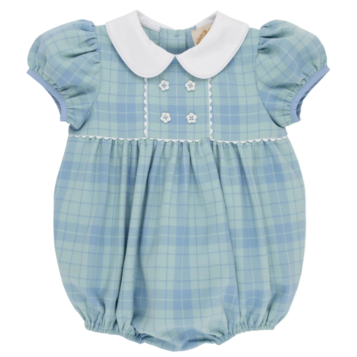 Baby Girls’ Cindy Lou Bubble by The Beaufort Bonnet Company in Audubon Park Plaid, featuring light blue and green plaid, puffed short sleeves, a white collar, decorative buttons, and scalloped trim on the chest.