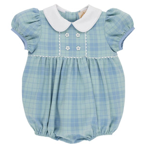 Baby Girls’ Cindy Lou Bubble by The Beaufort Bonnet Company in Audubon Park Plaid, featuring light blue and green plaid, puffed short sleeves, a white collar, decorative buttons, and scalloped trim on the chest.