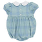 The Beaufort Bonnet Company Baby Girls’ Cindy Lou Bubble in Audubon Park Plaid features light blue and green plaid, puff sleeves, a white Peter Pan collar, back buttons, and gathered elastic leg openings for an adorable look.