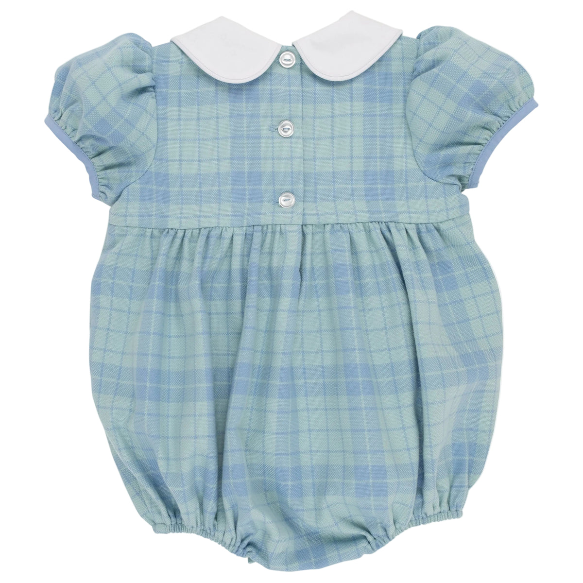 The Beaufort Bonnet Company Baby Girls’ Cindy Lou Bubble in Audubon Park Plaid features light blue and green plaid, puff sleeves, a white Peter Pan collar, back buttons, and gathered elastic leg openings for an adorable look.