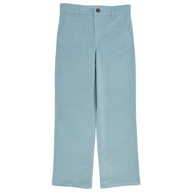 Boys’ Corduroy Prep School Pants by The Beaufort Bonnet Company in light blue, featuring straight legs, front pockets, belt loops, and a button closure—classic boys’ fall pants for a polished look, shown laid flat on a white background.