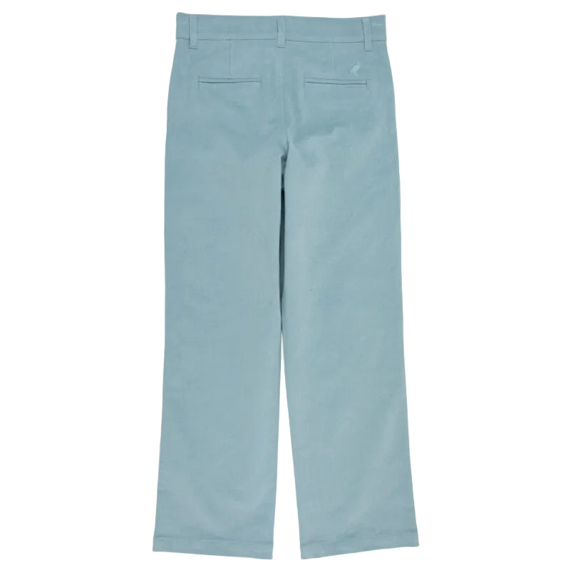 Laid flat and viewed from the back, these light blue Boys’ Corduroy Prep School Pants by The Beaufort Bonnet Company feature two back welt pockets, belt loops, and straight legs—making them a timeless and versatile choice for boys’ fall pants.