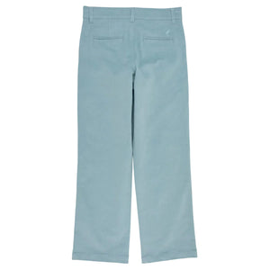 Laid flat and viewed from the back, these light blue Boys’ Corduroy Prep School Pants by The Beaufort Bonnet Company feature two back welt pockets, belt loops, and straight legs—making them a timeless and versatile choice for boys’ fall pants.