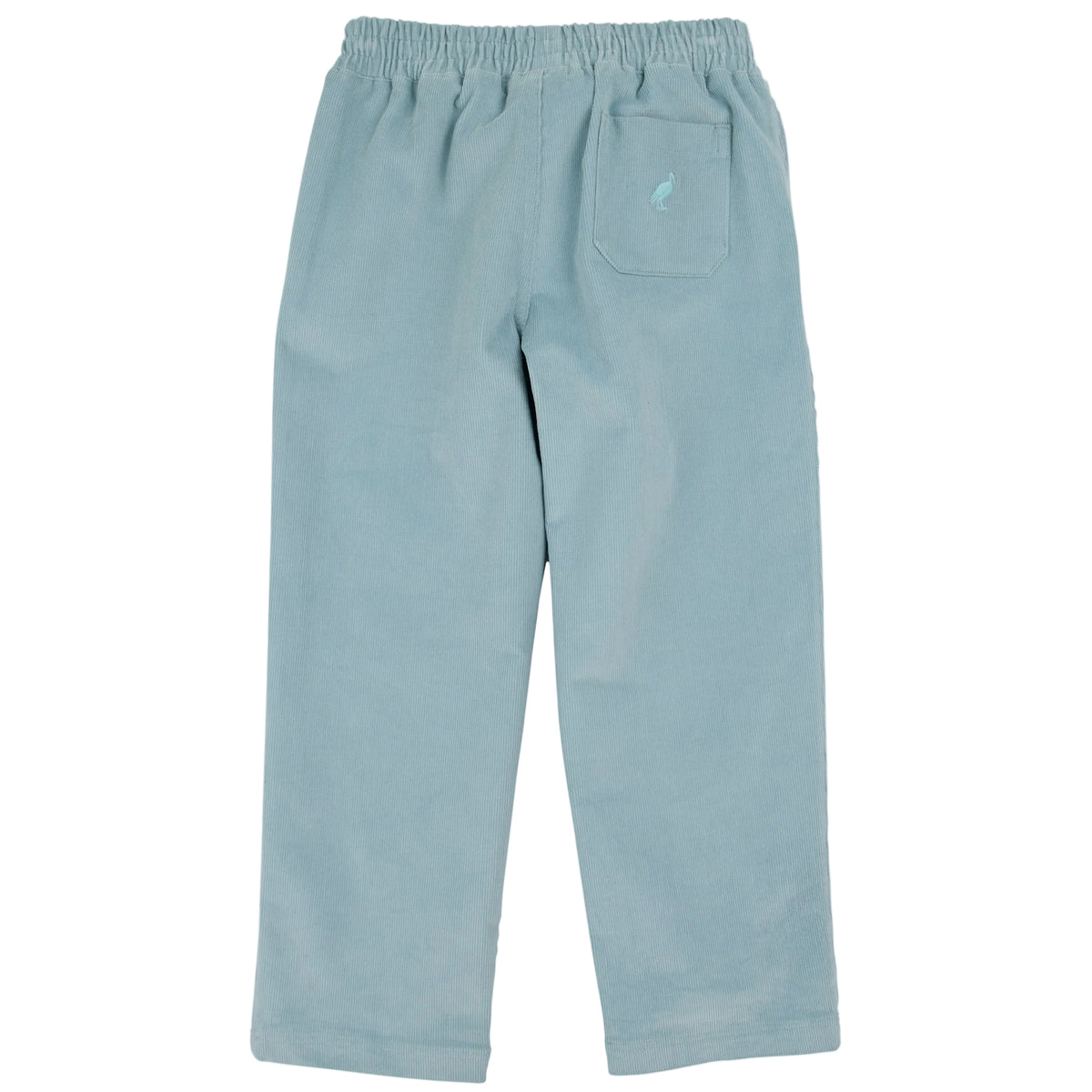 Light blue Baby Boys’ and Boys’ Corduroy Sheffield Pants by The Beaufort Bonnet Company, shown laid flat with the back side facing up, featuring an elastic waistband and a single back pocket.