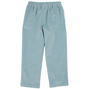 Light blue Baby Boys’ and Boys’ Corduroy Sheffield Pants by The Beaufort Bonnet Company, shown laid flat with the back side facing up, featuring an elastic waistband and a single back pocket.