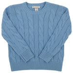 The Beaufort Bonnet Company Baby and Kids’ Crawford Crewneck in light blue is a long-sleeved cable knit sweater with a ribbed crew neck, cuffs, and hem, shown laid flat.