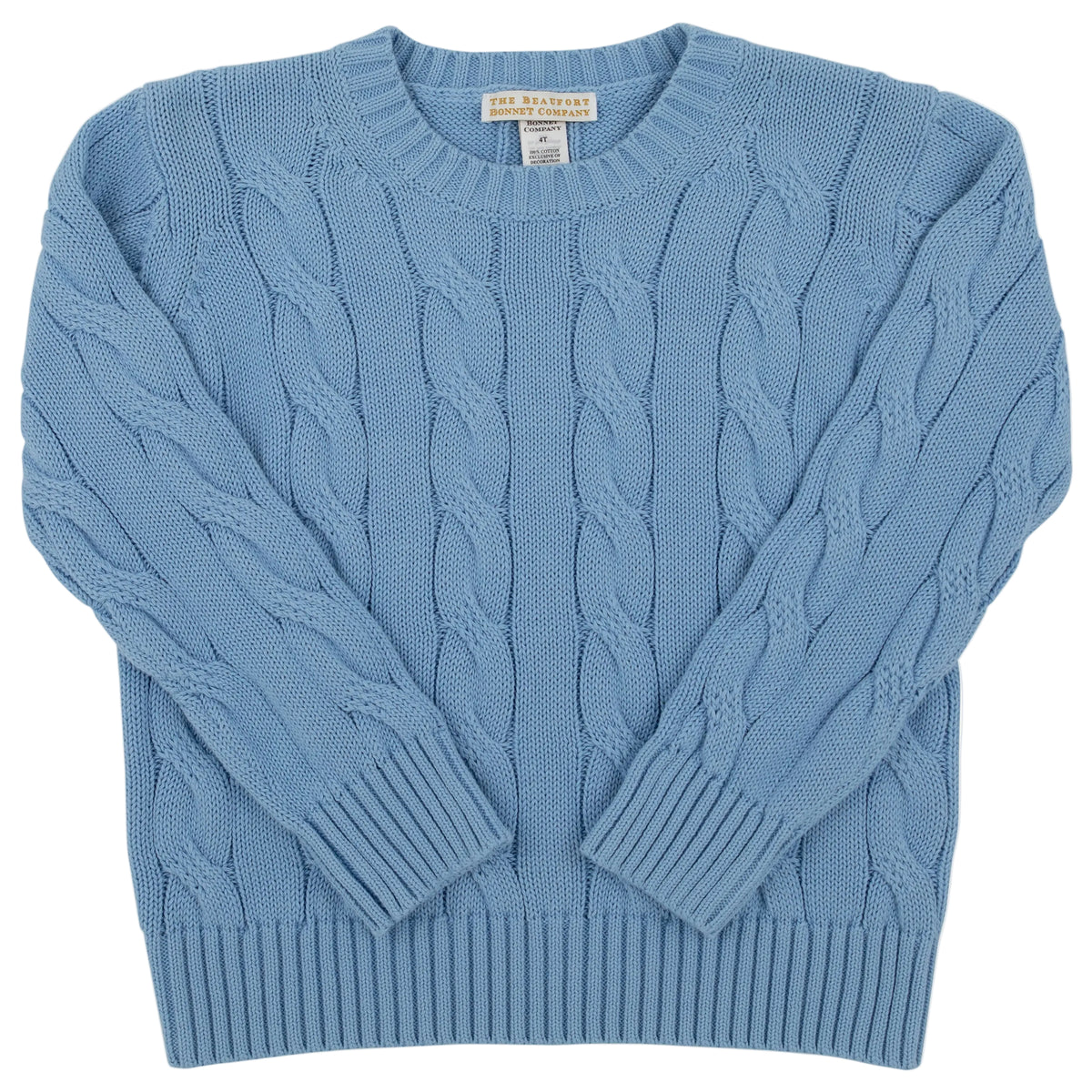 The Beaufort Bonnet Company Baby and Kids’ Crawford Crewneck in light blue is a long-sleeved cable knit sweater with a ribbed crew neck, cuffs, and hem, shown laid flat.