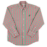 The Boys’ Dean’s List Dress Shirt from The Beaufort Bonnet Company, featuring a long-sleeve button-up design in a red, green, and white Audubon Park Plaid checkered pattern, is shown laid flat.