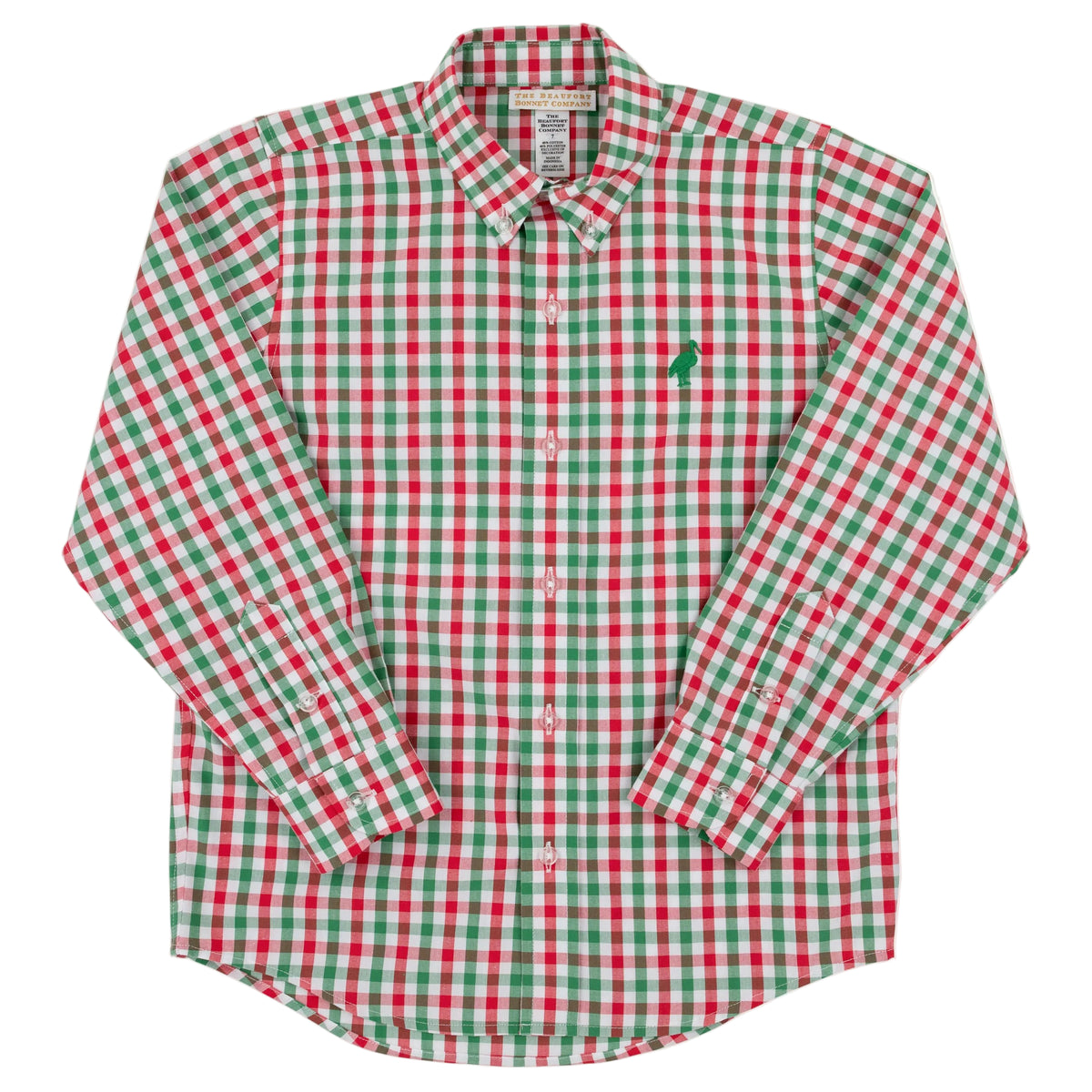 The Boys’ Dean’s List Dress Shirt from The Beaufort Bonnet Company, featuring a long-sleeve button-up design in a red, green, and white Audubon Park Plaid checkered pattern, is shown laid flat.
