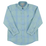 The Boys’ Dean’s List Dress Shirt by The Beaufort Bonnet Company in light blue and green Audubon Park Plaid features long sleeves, a button-up front, collar, buttoned cuffs, and an embroidered logo on the chest. The shirt is displayed flat against a white background.