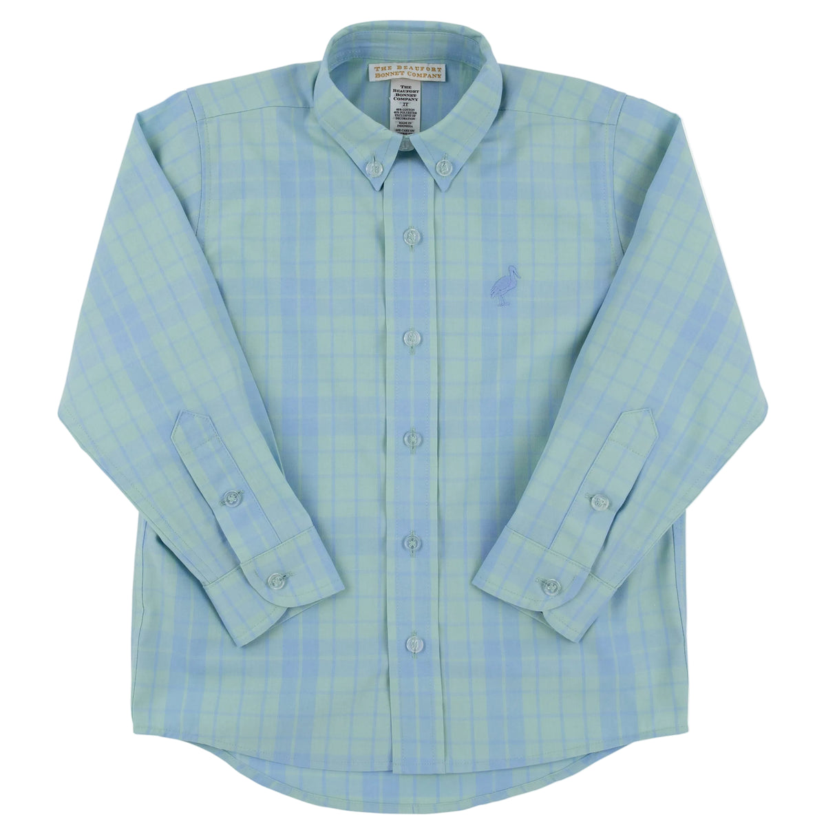 The Boys’ Dean’s List Dress Shirt by The Beaufort Bonnet Company in light blue and green Audubon Park Plaid features long sleeves, a button-up front, collar, buttoned cuffs, and an embroidered logo on the chest. The shirt is displayed flat against a white background.