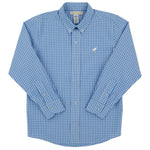 A blue and white gingham long-sleeve button-up shirt from The Beaufort Bonnet Company’s Boys’ Dean’s List Dress Shirt collection is laid flat, showcasing a collar and left chest logo embroidery in their signature classic style.