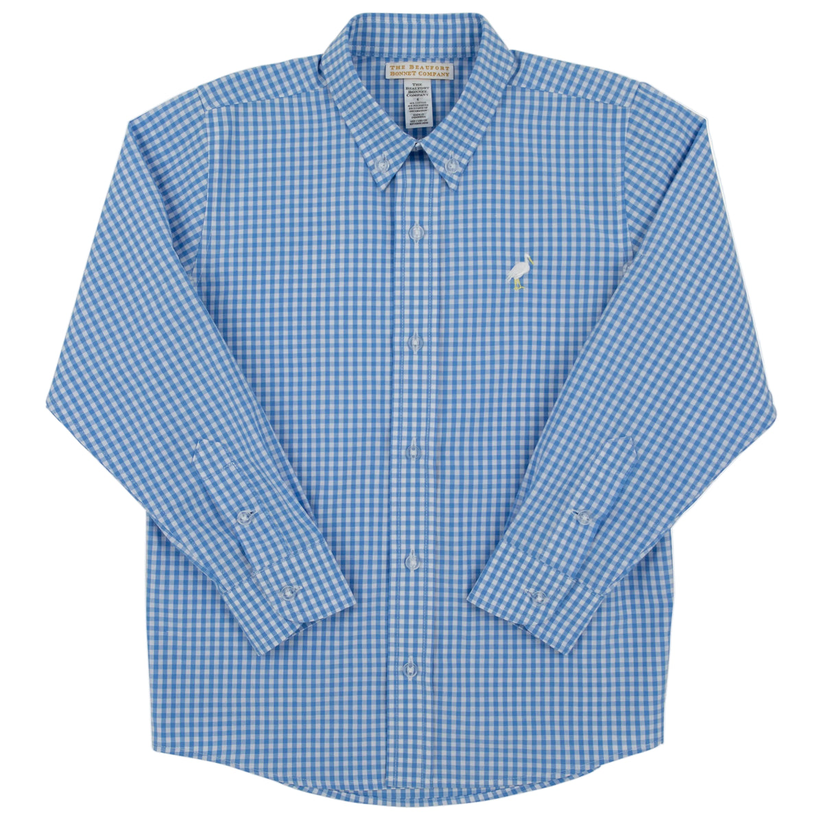 A blue and white gingham long-sleeve button-up shirt from The Beaufort Bonnet Company’s Boys’ Dean’s List Dress Shirt collection is laid flat, showcasing a collar and left chest logo embroidery in their signature classic style.