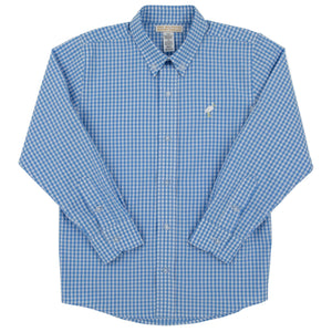 A blue and white gingham long-sleeve button-up shirt from The Beaufort Bonnet Company’s Boys’ Dean’s List Dress Shirt collection is laid flat, showcasing a collar and left chest logo embroidery in their signature classic style.