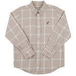 The Boys’ Flannel Dean’s List Dress Shirt by The Beaufort Bonnet Company features a beige and white Thompson Park Plaid pattern, long sleeves, and a small bird logo embroidered on the left chest.