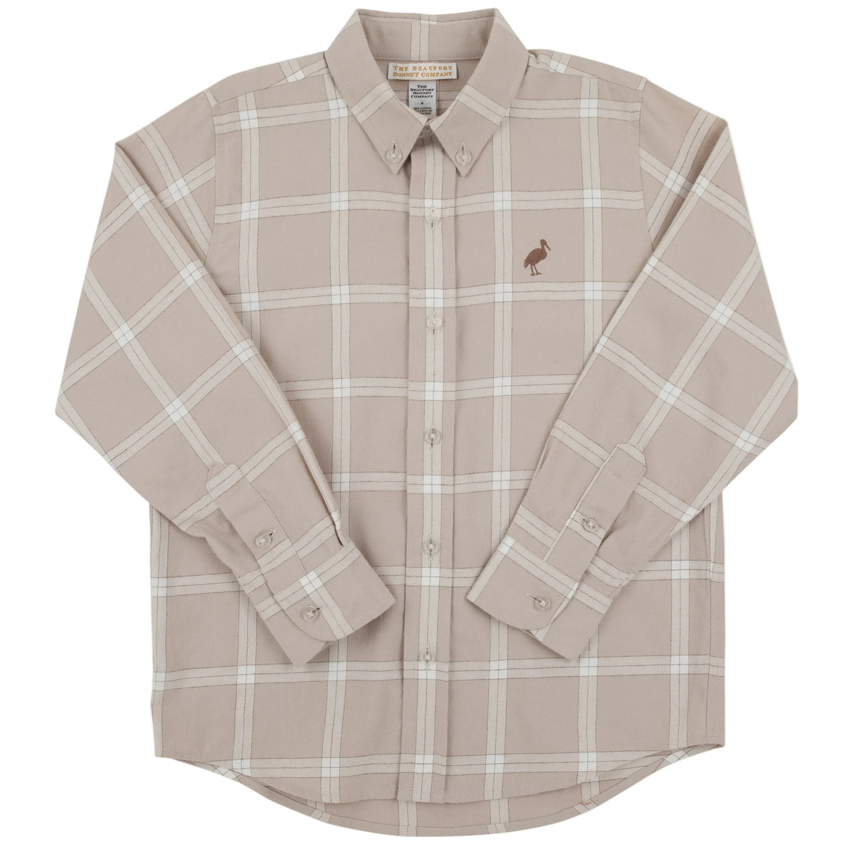 The Boys’ Flannel Dean’s List Dress Shirt by The Beaufort Bonnet Company features a beige and white Thompson Park Plaid pattern, long sleeves, and a small bird logo embroidered on the left chest.