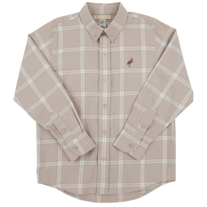 The Boys’ Flannel Dean’s List Dress Shirt by The Beaufort Bonnet Company features a beige and white Thompson Park Plaid pattern, long sleeves, and a small bird logo embroidered on the left chest.
