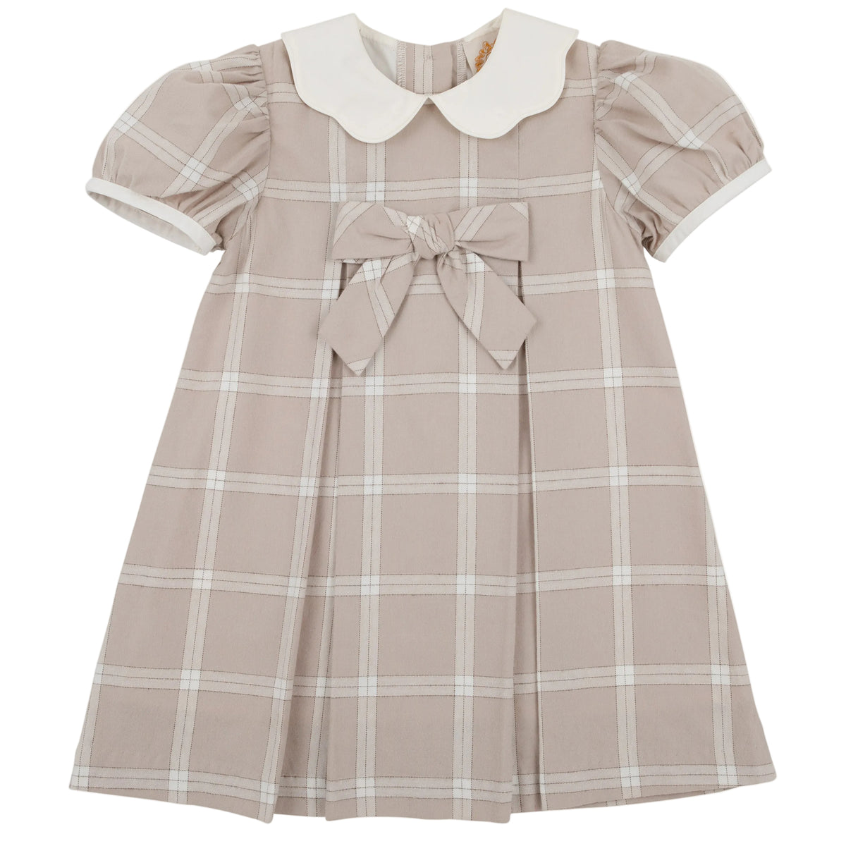 The Beaufort Bonnet Company’s Baby Girls’ and Girls’ Francene Frock is a charming, short-sleeved beige Thompson Park Plaid dress featuring a white Peter Pan collar, front bow detail, and pleated skirt—perfectly designed for young children.