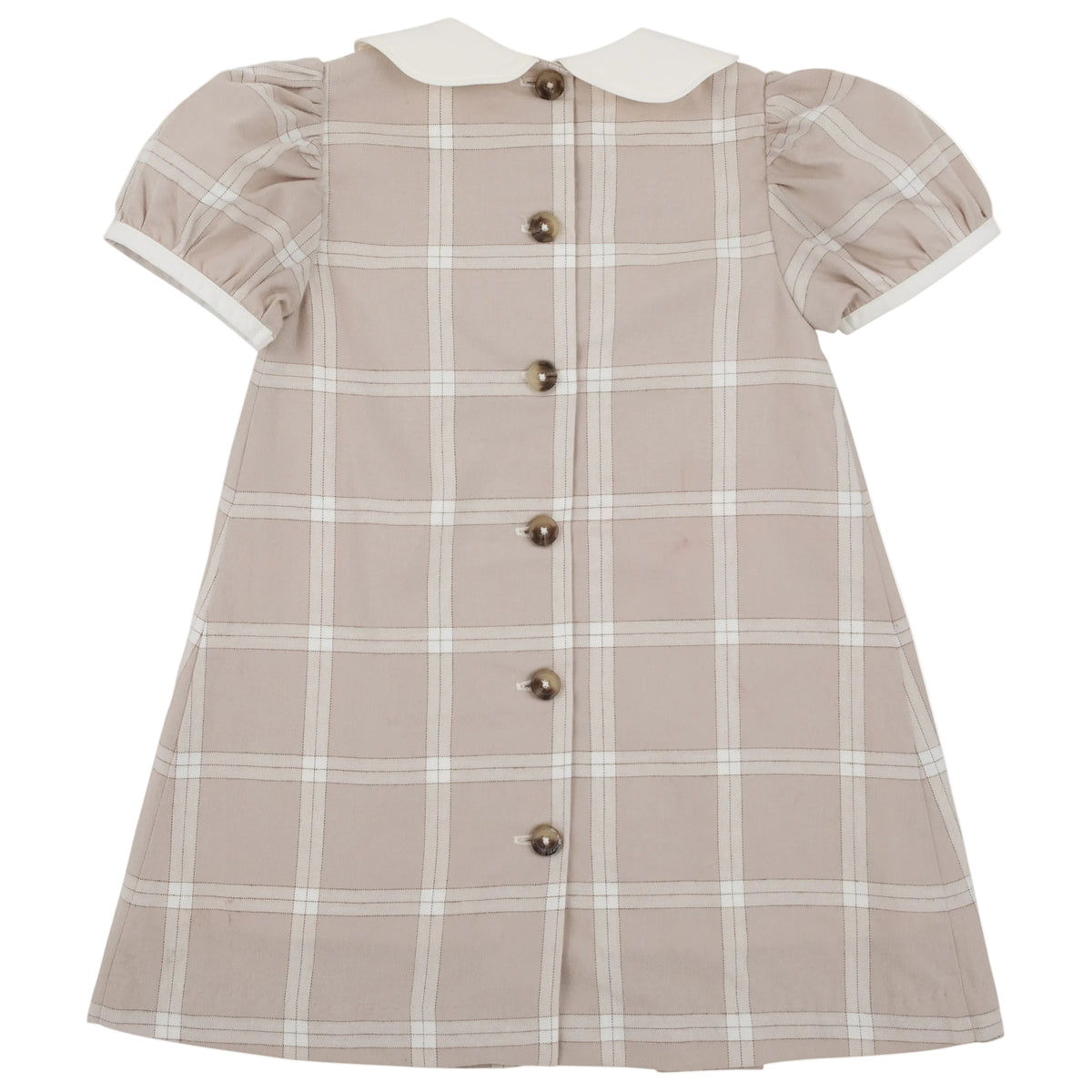 The Beaufort Bonnet Company’s Baby Girls’ and Girls’ Francene Frock in Thompson Park Plaid features a beige and white plaid pattern, a classic white Peter Pan collar, charming puffed short sleeves, knee-length cut, and a row of front buttons for timeless style.