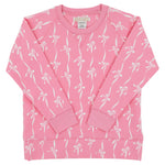 Baby Girls’ and Girls’ French Terry Cassidy Comfy Crewneck from The Beaufort Bonnet Company, shown in pink with a delightful Bow Print pattern of white bows and ribbons, displayed flat with the long sleeves crossed over the front.