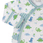 The Kissy Kissy Dino District Printed Footie is an infant onesie made from soft Pima cotton with a fun dinosaur pattern, diagonal button closure, and striped sleeve trim.