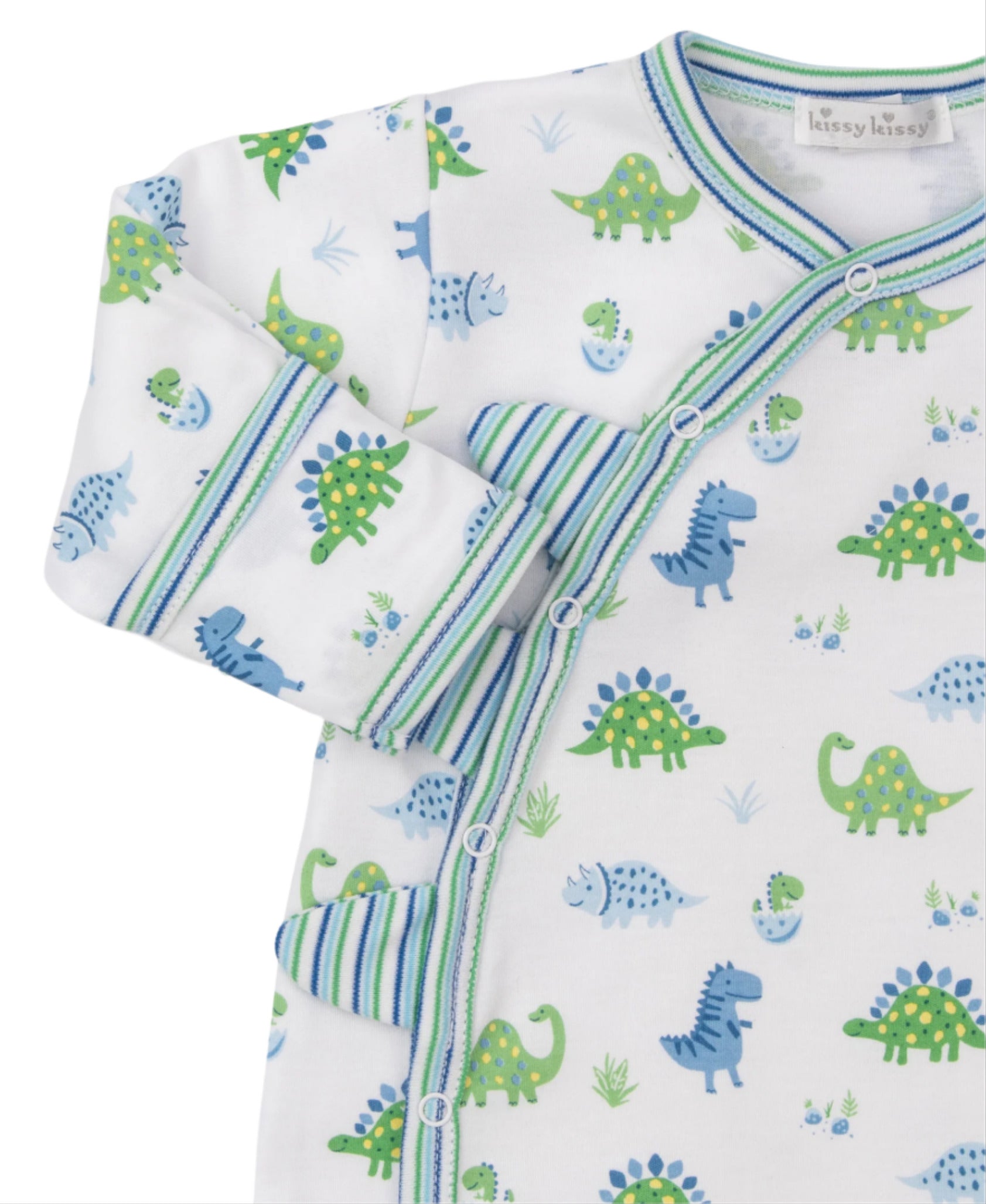 The Kissy Kissy Dino District Printed Footie is an infant onesie made from soft Pima cotton with a fun dinosaur pattern, diagonal button closure, and striped sleeve trim.