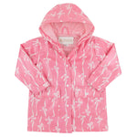 The Beaufort Bonnet Company’s Baby Girls’ and Girls’ Liquid Sunshine Slicker is a pink children’s raincoat featuring a hood, two front pockets, and an adorable white bow pattern. This water-resistant raincoat is lined with stylish pink and white stripes for extra comfort.