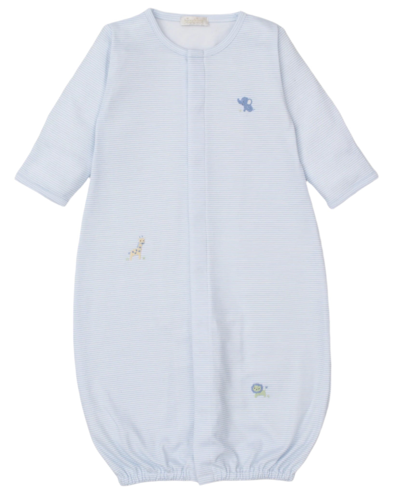 The Kissy Kissy Baby Jungle Mates Hand Emb. Striped Conv Gown is a light blue, long-sleeve sleep sack crafted from soft Pima cotton, featuring adorable embroidered animals like an elephant, giraffe, and lion on a Jungle Mates stripe print. It includes an elastic bottom hem for comfort.