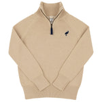The Baby Boys’ and Boys’ Hayden Half Zip Sweater by The Beaufort Bonnet Company features a beige design with ribbed collar, cuffs, and hem, plus a small embroidered bird logo on the left chest—a classic cotton sweater for boys.