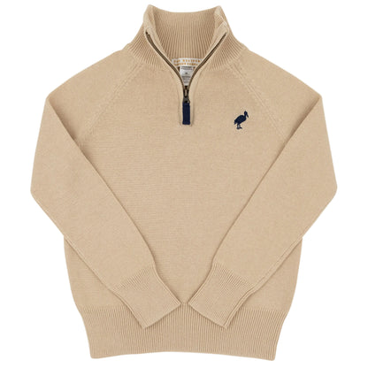 The Baby Boys’ and Boys’ Hayden Half Zip Sweater by The Beaufort Bonnet Company features a beige design with ribbed collar, cuffs, and hem, plus a small embroidered bird logo on the left chest—a classic cotton sweater for boys.