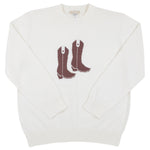 The Beaufort Bonnet Company’s Baby and Kids’ Isaac’s Intarsia Sweater features a graphic of a pair of brown cowboy boots on the front, displayed on a plain background.