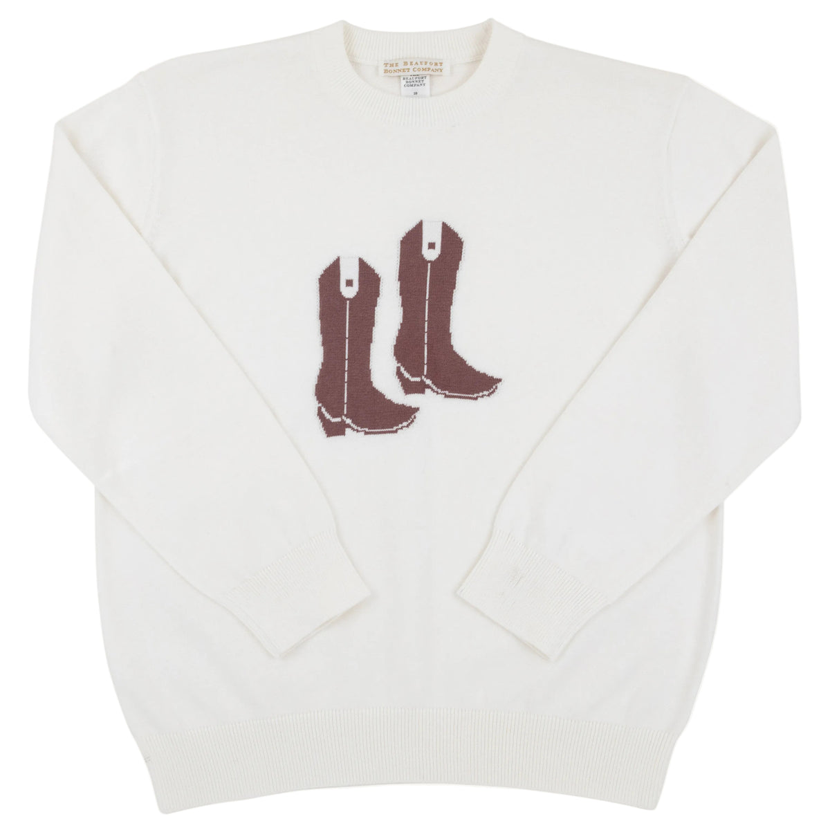 The Beaufort Bonnet Company’s Baby and Kids’ Isaac’s Intarsia Sweater features a graphic of a pair of brown cowboy boots on the front, displayed on a plain background.