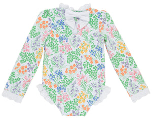 The Baby Girls’ and Girls’ Sarasota Surf Suit by The Beaufort Bonnet Company features long sleeves and a charming floral print in green, orange, purple, and pink. Detailed with a white bow at the collar and delicate lace trim on the sleeves and leg openings, this sweet style adds classic charm to your little one’s wardrobe.