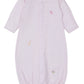 The Kissy Kissy Baby Jungle Mates Hand Emb. Striped Conv Gown is a pink Pima cotton sleep sack with three-quarter sleeves, showcasing delicate embroidered animal patterns on its light Jungle Mates stripe design.