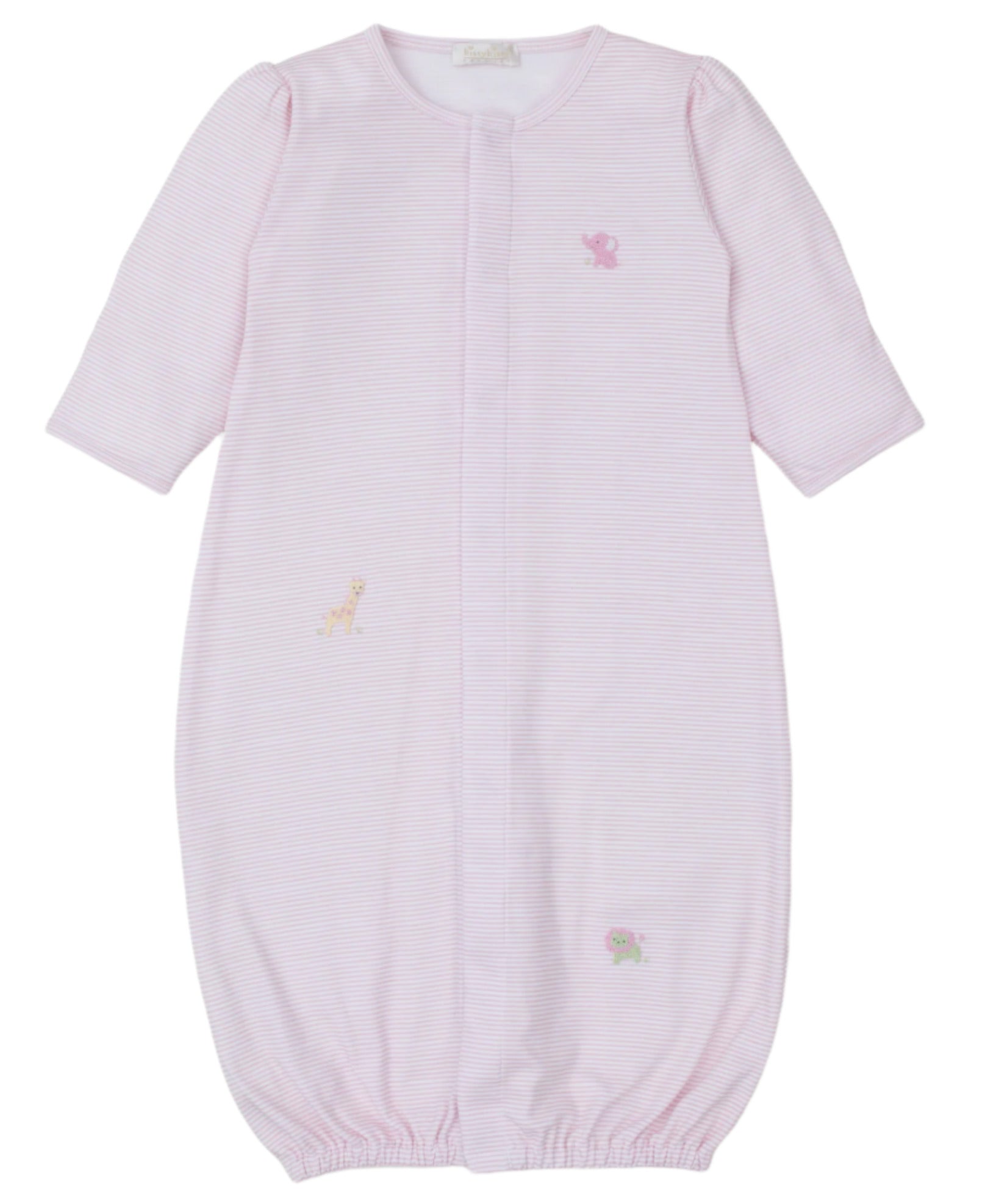 The Kissy Kissy Baby Jungle Mates Hand Emb. Striped Conv Gown is a pink Pima cotton sleep sack with three-quarter sleeves, showcasing delicate embroidered animal patterns on its light Jungle Mates stripe design.