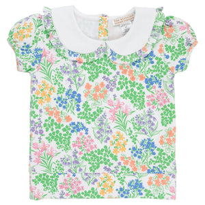 The Beaufort Bonnet Company’s Girls’ Short Puff Sleeve Maude’s Cassidy Comfy Crewneck features a white Peter Pan collar and a vibrant Gaston Street Garden floral print in green, pink, orange, and blue. Inspired by the classic Maude’s Cassidy Comfy Crewneck design, this short-sleeve children’s shirt brings timeless charm and playful style to any little one’s wardrobe.