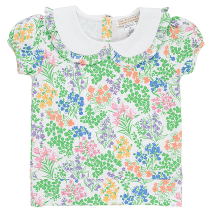 The Beaufort Bonnet Company’s Girls’ Short Puff Sleeve Maude’s Cassidy Comfy Crewneck features a white Peter Pan collar and a vibrant Gaston Street Garden floral print in green, pink, orange, and blue. Inspired by the classic Maude’s Cassidy Comfy Crewneck design, this short-sleeve children’s shirt brings timeless charm and playful style to any little one’s wardrobe.