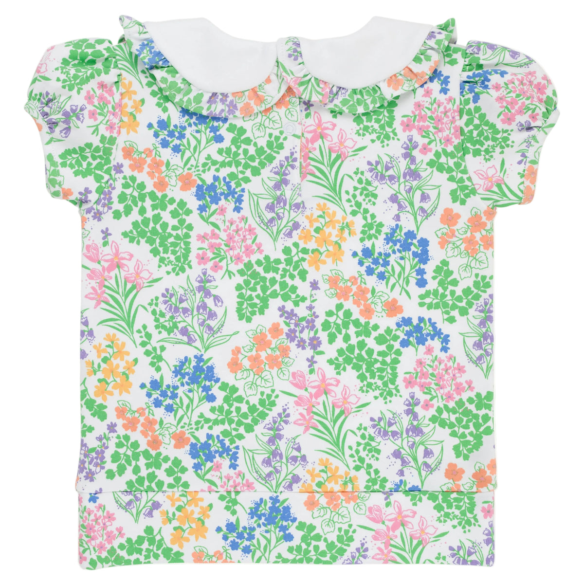 Girls’ Short Puff Sleeve Maude’s Cassidy Comfy Crewneck from The Beaufort Bonnet Company, featuring a white Peter Pan collar and a vibrant floral print with green, blue, pink, orange, and purple flowers on a white background—part of the Gaston Street Garden collection.