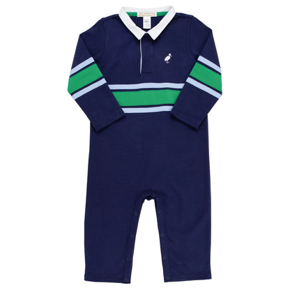 The Beaufort Bonnet Company’s Baby Boys’ Sir Proper’s Rugby Romper features a navy blue Pima cotton design with green and light blue striped long sleeves, a crisp white collar, and a small bird logo on the chest for a stylish look.