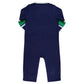 The Beaufort Bonnet Company’s Baby Boys’ Sir Proper’s Rugby Romper features a navy blue Pima cotton design with short sleeves, green and white striped side detailing, and snap closures at the bottom, shown from the back.